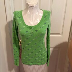 Pink Victoria’s Secret Green Long Sleeve Top size M with Blue Pattern